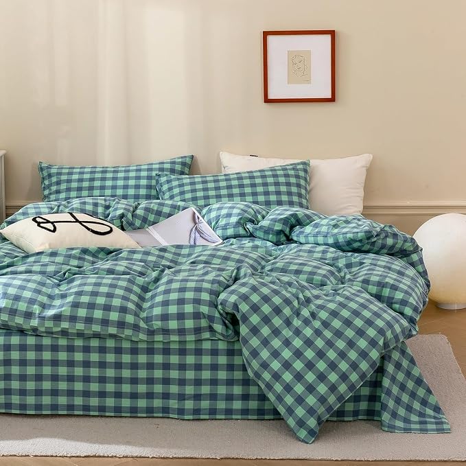 mixinni Green Gingham Grid Duvet Cover Twin, 100% Washed Cotton Modern - Image 2