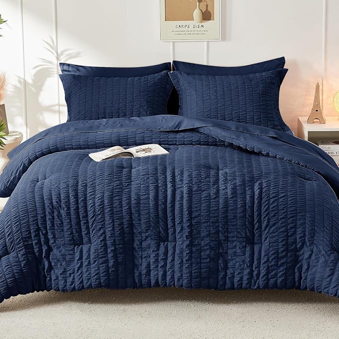 HYMOKEGE Navy Blue Queen Comforter Set Seersucker 7 Pieces, All Season Luxury - Image 9