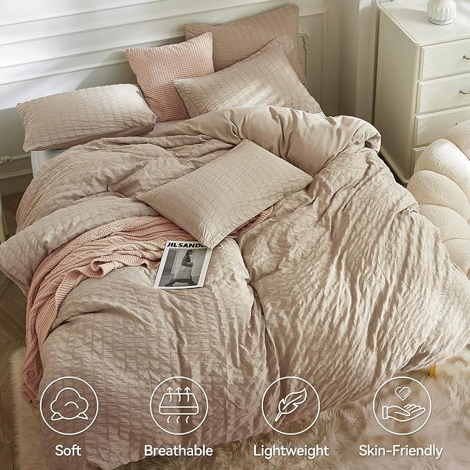 JELLYMONI Khaki Duvet Cover Twin Size, Soft Breathable Seersucker Duvet Cover - Image 2