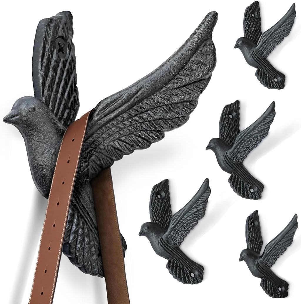 Ambipolar Flying Style Iron Cast Decorative Pigeon Bird Wall Mounted Coat Hooks, 5 Pieces, Black