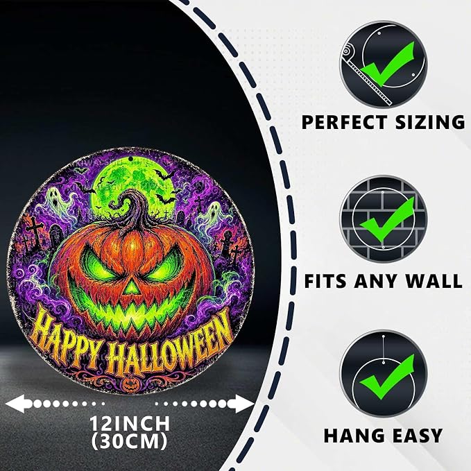 Neon Pumpkin Halloween Metal Tin Sign Round Wall Decor Glowing Jack O Lantern - Image 2