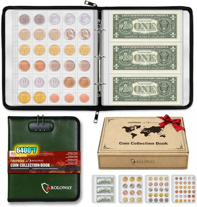 ROLOWAY Coin Collection Book 6400℉ Heat Insulated, 346 Pockets Fireproof Coin by ROLOWAY