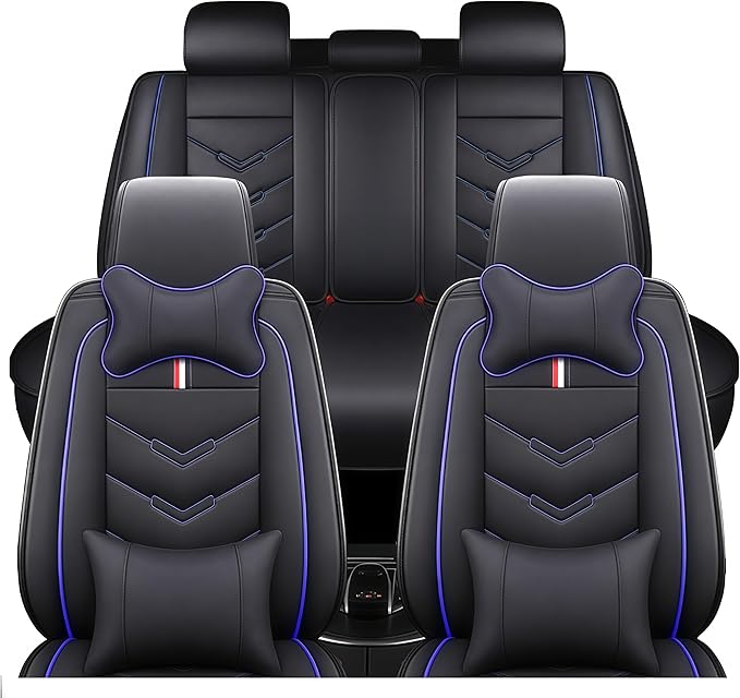 Leather Car Seat Covers Fit for LR Defender 2020-2025, 5 Seater Waterproof and Wear-Resistant Seat Cover Interior Accessories(Full Set with Pillow,Black&Blue)