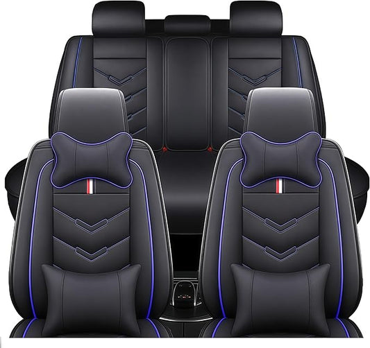 Leather Car Seat Covers Fit for LR LR4 2009-2016, 5 Seater Waterproof and Wear-Resistant Seat Cover Interior Accessories(Full Set with Pillow,Black&Blue)