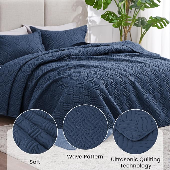 Love's cabin King Size Quilt Set Navy Blue Bedspreads - Image 4