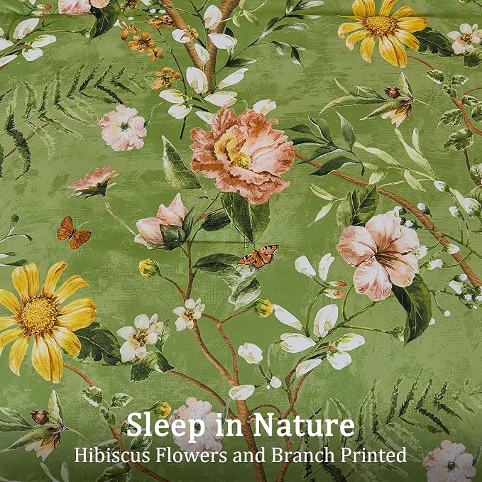 Yiran Sage Green Hibiscus Floral Comforter Set Queen Size, 7 Piece Bird Flowers - Image 4