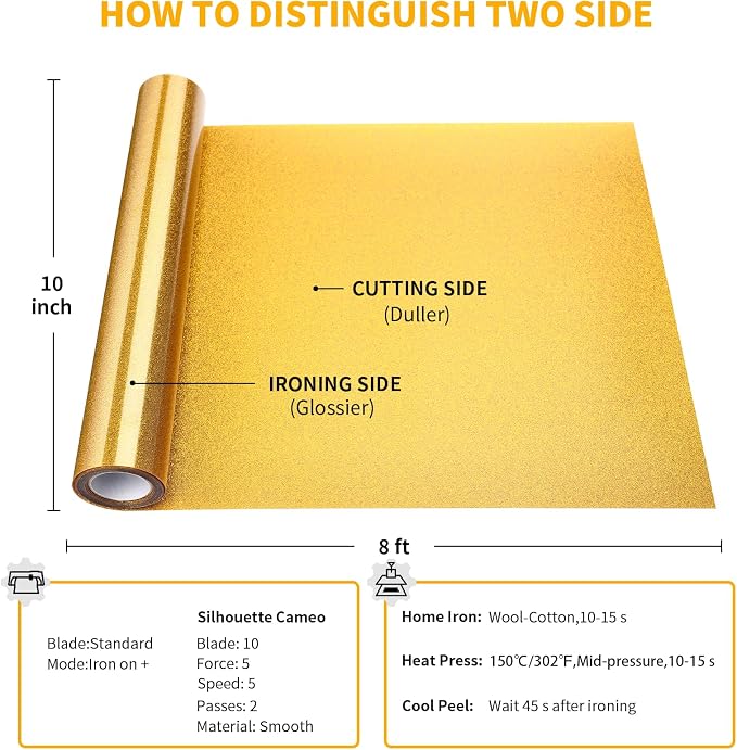 VinylRus Glitter Heat Transfer Vinyl Rolls-10” x 8ft Gold Iron on Vinyl - Image 6