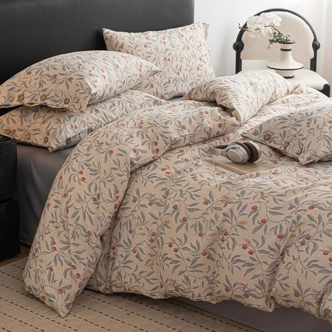 mixinni Cotton Linen Floral Duvet Cover Set King Size – Vintage Botanical Print - Image 2