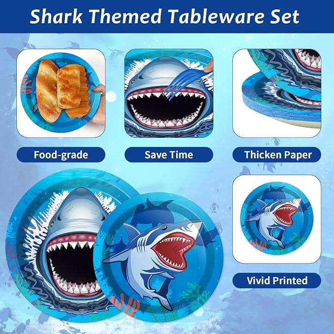 24 Guests Shark Theme Party Decorations Under the Sea Party Tableware Set Shark - Image 3