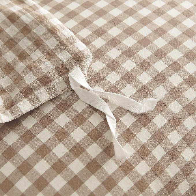 Nayoroom Gingham Duvet Cover Twin Size 100% Washed Cotton Brown Tan Plaid - Image 6