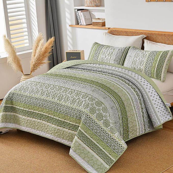 WONGS BEDDING Boho Quilt Set Queen Size, Sage Green Bohemian 3 Pieces Quilt Sets - Image 2