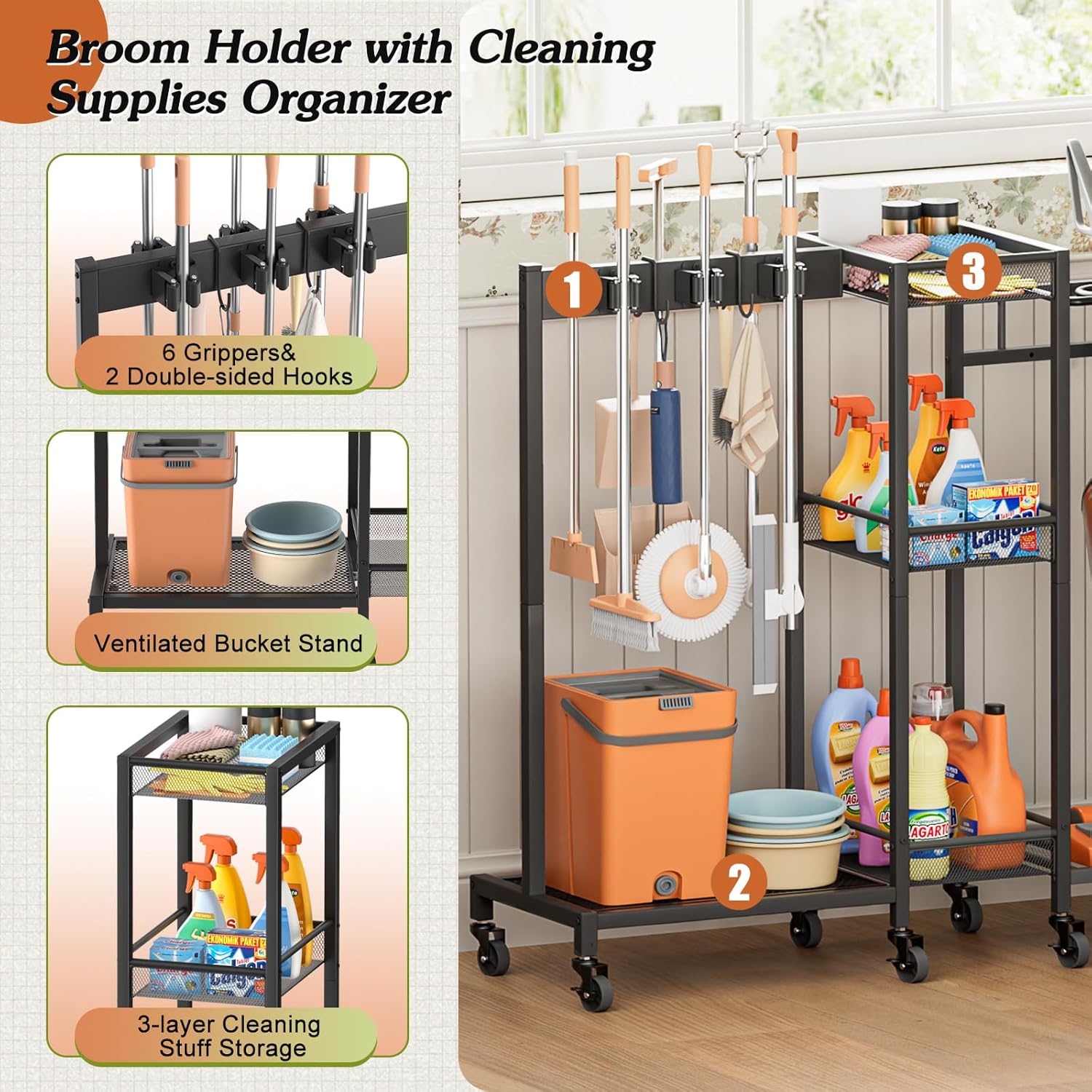 Broom Holder with Cleaning Supplies Organizer, Broom Closet Storage Cabinet with Cleaning Caddy Vacuum Stand, Cleaning Cart with Mop Hanger Gripper Rack Hook, Laundry Room Organization Home Essentials