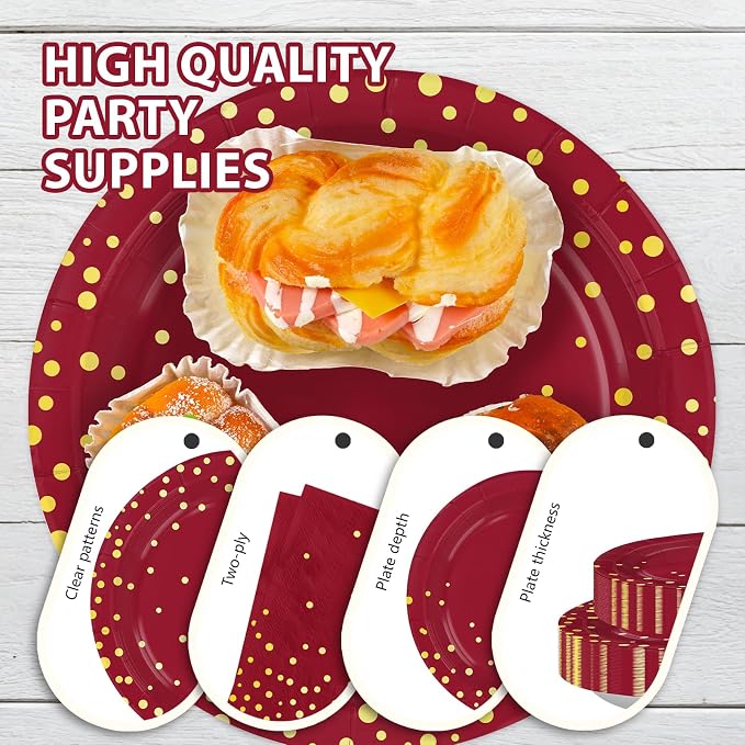 168Pcs Burgundy and Gold Party Supplies Serves 24 | Burgundy Plates and Napkins - Image 3