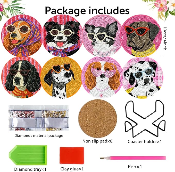 8 Pack Diamond Art Coasters, Funny Dog Diamond Painting Coasters Kits | Dog - Image 2