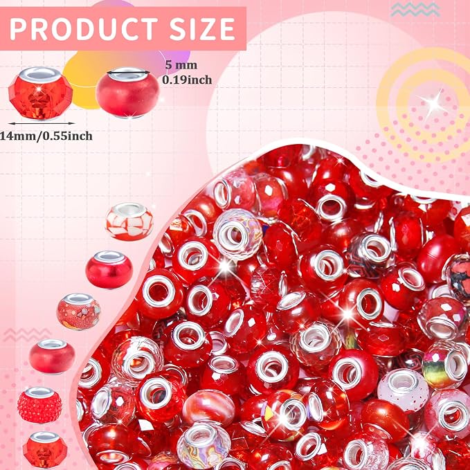 150Pcs Large Hole Beads Spacer Beads Red Assorted European Craft Big Beads - Image 2