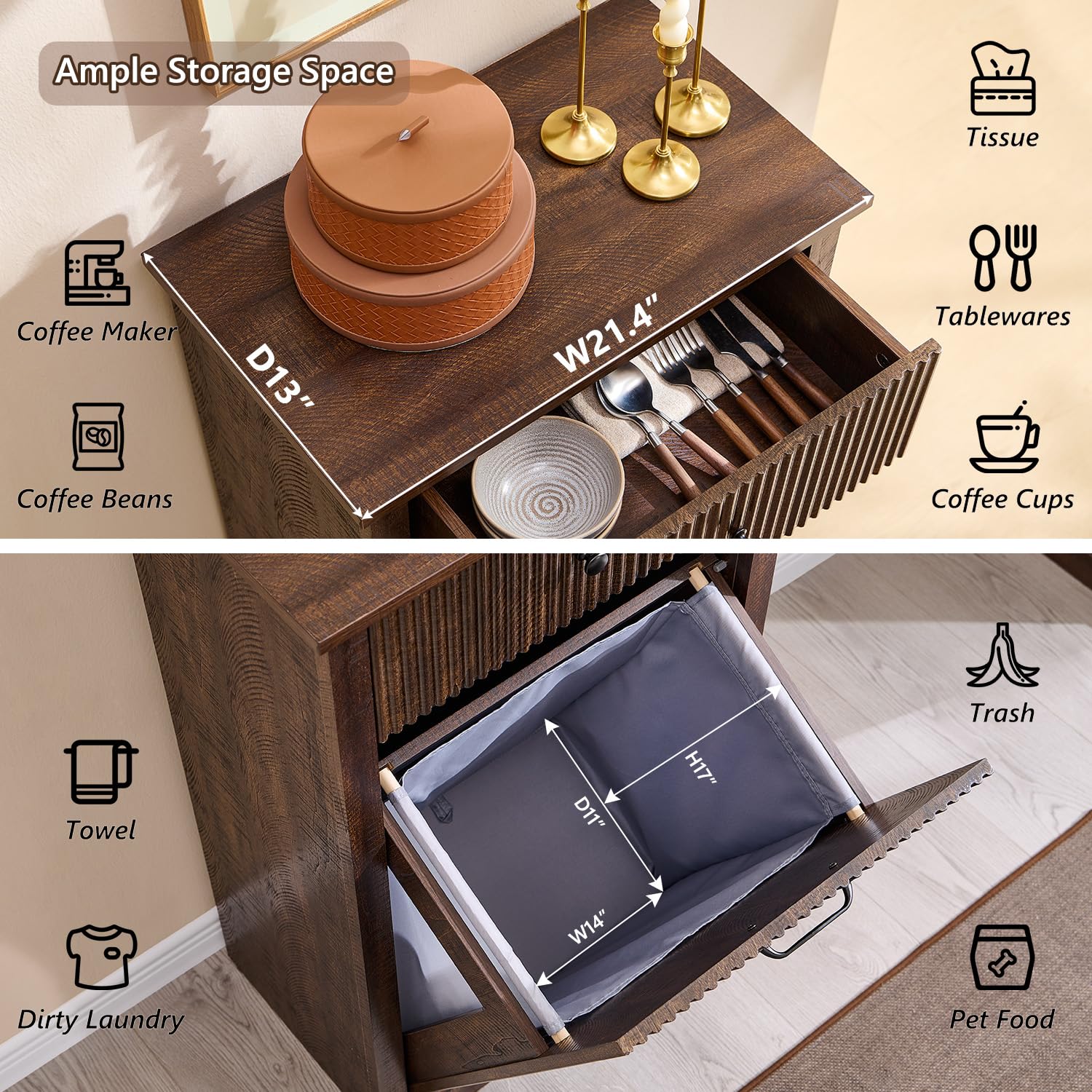 Modern Tilt-Out Trash Can Cabinet, 10 Gallon Fluted Laundry Hamper Cabinet with Drawers, Wooden Hidden Garbage Can Cabinets with Storage Basket, Free Standing for Kitchen and Living Room,Brown