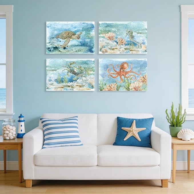 Ocean Wall Decor Sea Turtle Bathroom Wall Art Watercolor Nautical Octopus - Image 3