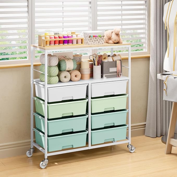 Rolling Cart with 8 drawers, Storage Drawer Cart with Wooden Tabletop, Lockable - Image 2