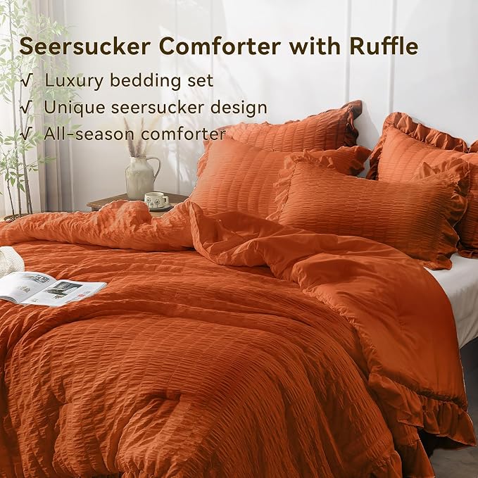 JOLLYVOGUE Burnt Orange Comforter Full Size, 3 Pieces Seersucker Lightweight - Image 4
