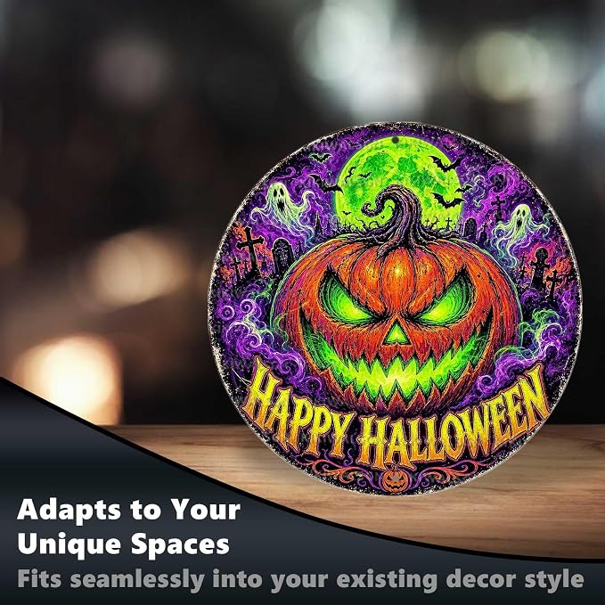 Neon Pumpkin Halloween Metal Tin Sign Round Wall Decor Glowing Jack O Lantern - Image 6