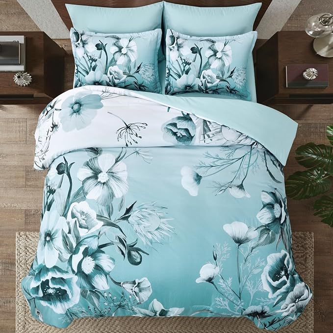 Luxudecor Floral Comforter Set Queen Size 7 Piece, Aqua Flower Bed in a Bag - Image 3