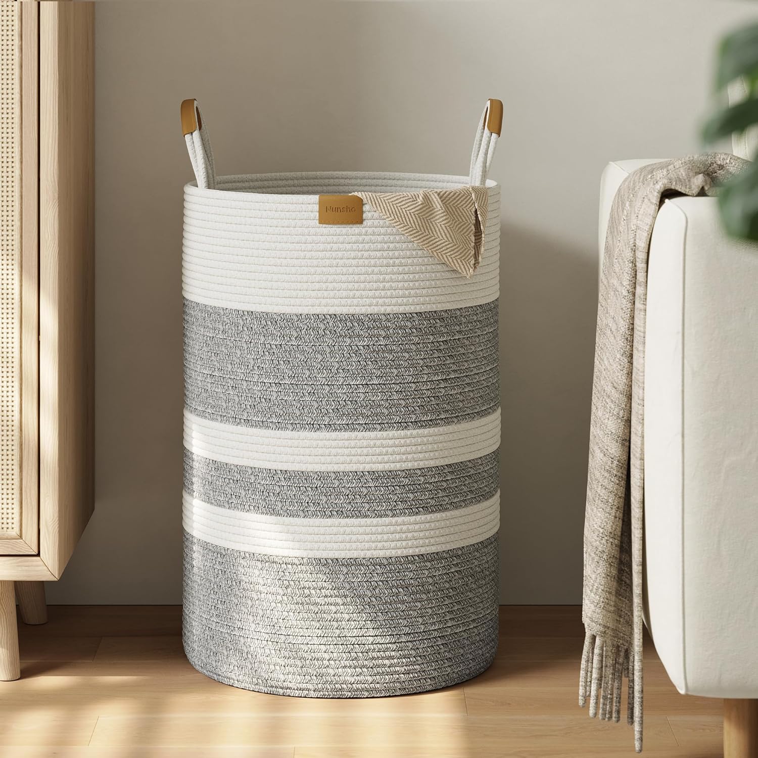 75L Striped Laundry Hamper with Leather Handles,Large Foldable Laundry Basket for Clothes,Cotton Rope Storage Bin for Blankets,Woven Clothes Basket for Bedroom,Gray Stripes