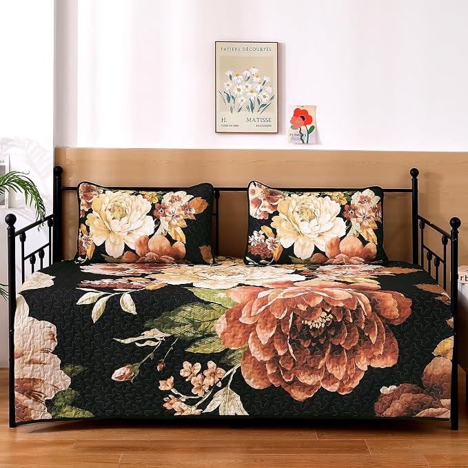 WONGS BEDDING Black Boho Floral Quilt Set Queen, Elegant Gold Flower Bedspread - Image 4