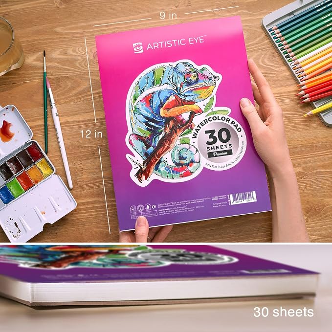 ARTISTIC EYE Watercolor Pad 9x12”, 30 Sheets, Glue Bound, Acid-Free Paper - Image 2
