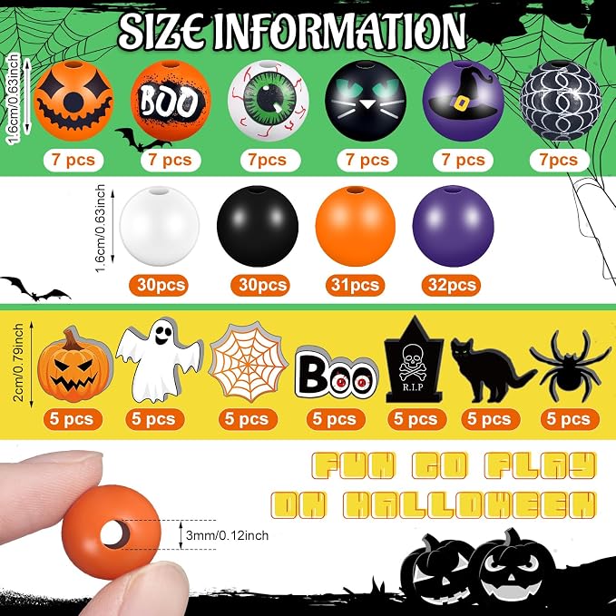 Tradder 200 Pieces Halloween Wood Beads Purple Orange Pumpkin Spider Black Cat - Image 2
