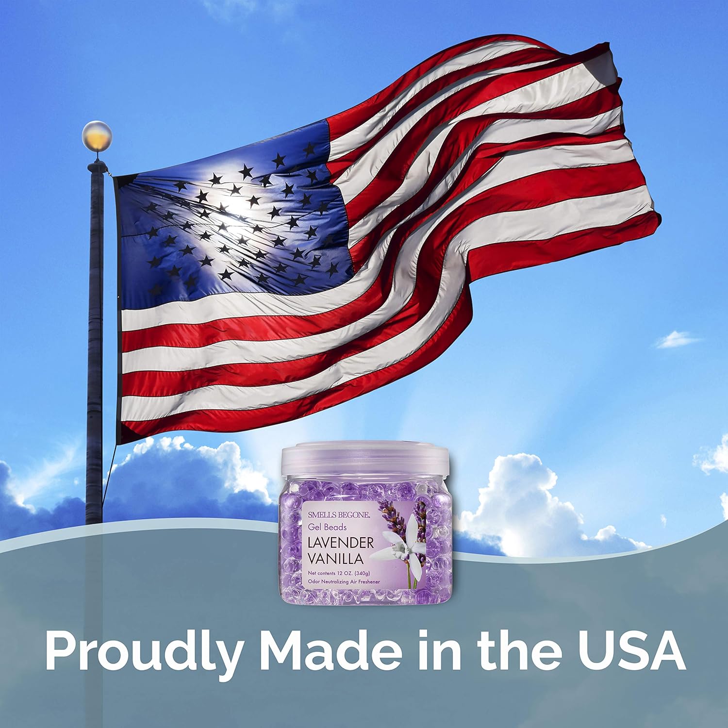 SMELLS BEGONE Odor Eliminator Gel Beads - Air Freshener - Eliminates Odor in Bathrooms, Cars, Boats, RVs & Pet Areas - Made with Essential Oils - Lavender Vanilla Scent - 12 Ounce