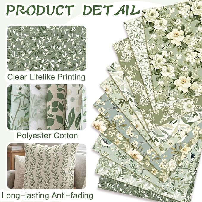 Tudomro 16 Pcs 10'' x 10'' Sage Green Quilting Fabric Square Greenery Floral - Image 3