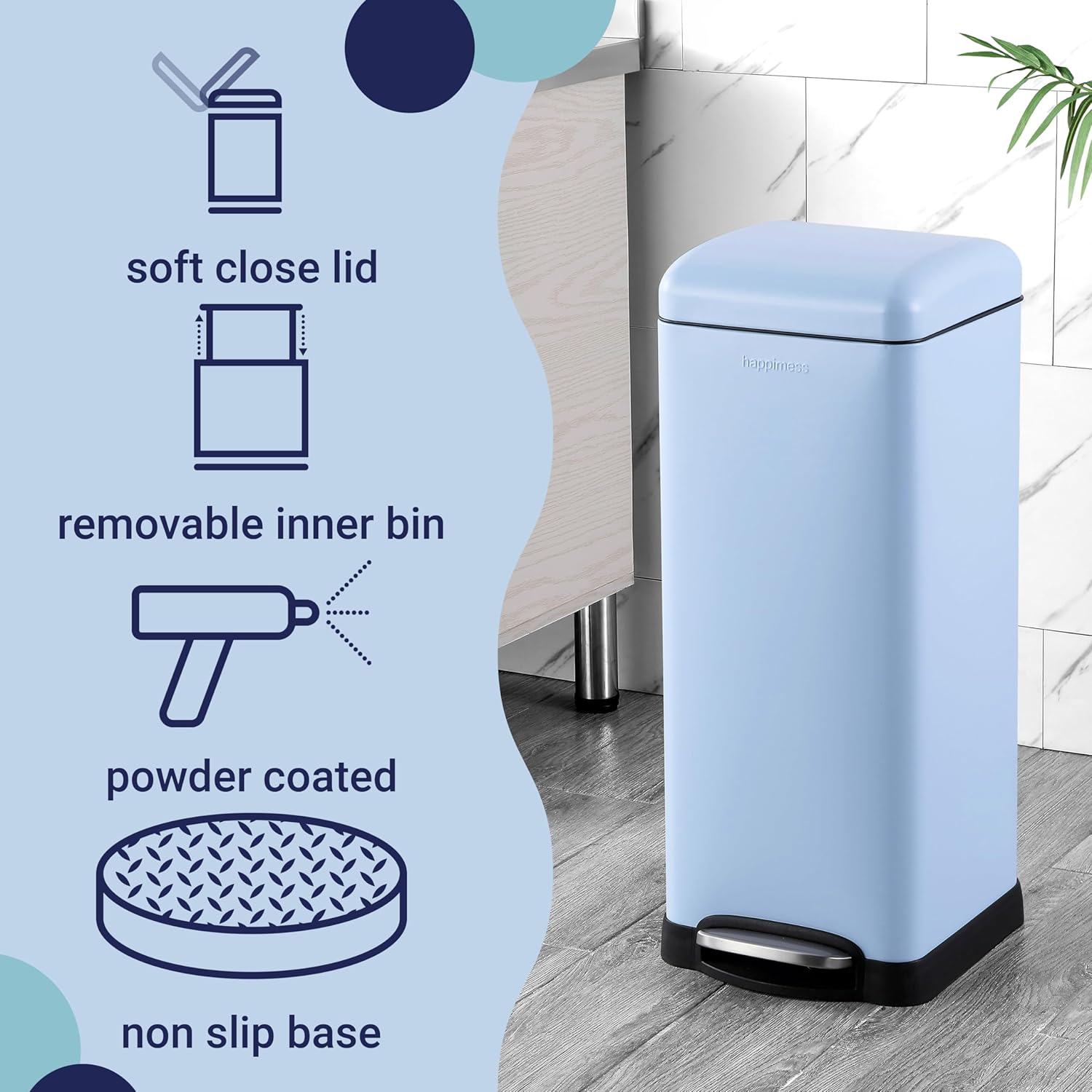 happimess HPM1007I Betty Retro 8-Gallon Step-Open Trash Can, Fingerprint Resistant, Modern, Minimalistic for Home, Kitchen, Laundry Room, Office, Bedroom, Bathroom, Tide Pool Blue