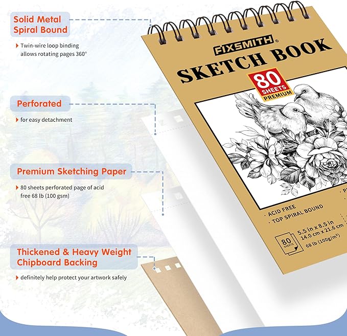 FIXSMITH 5.5"X8.5" Sketch Book | 160 Sheets | 2 Pack Sketchbooks | Top Spiral - Image 2