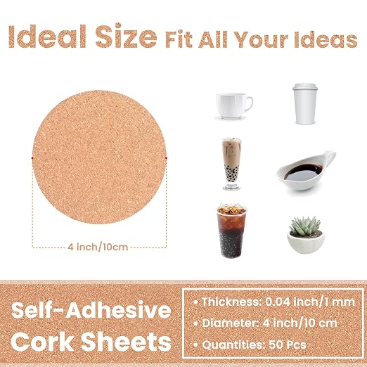 Self-Adhesive Cork Sheets for DIY Coasters, 4 Inch Round, Strong Adhesive-Backed - Image 2