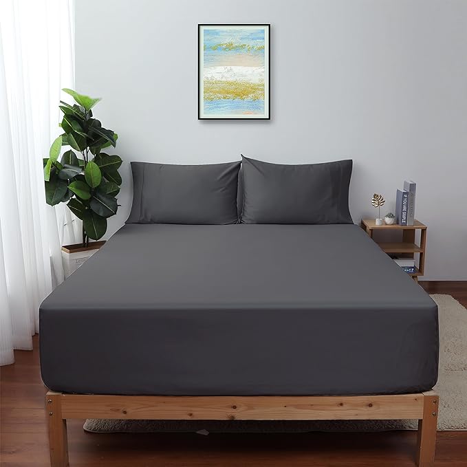 Twin Size Fitted Sheet Only Dark Grey, 100% Egyptian Cotton 600 Thread Count by ShunjieHome