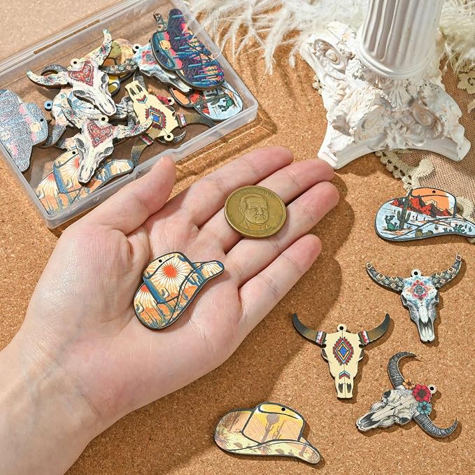 18 pcs 9 Styles Western Cattle Theme Wood Cutout Charms Cow Cap Hat Animal Wood - Image 4