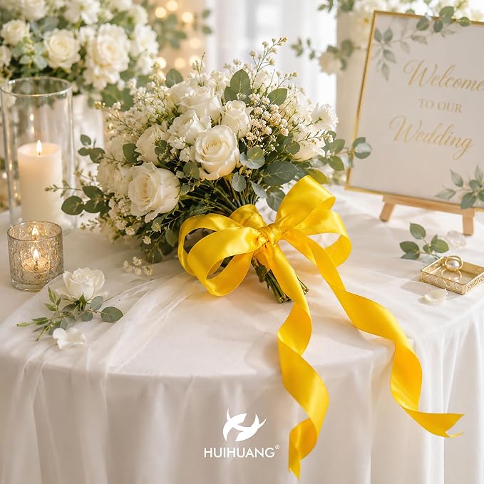 HUIHUANG Yellow Satin Wired Ribbon 1-1/2 inch Yellow Wire Edge Ribbon - Image 6