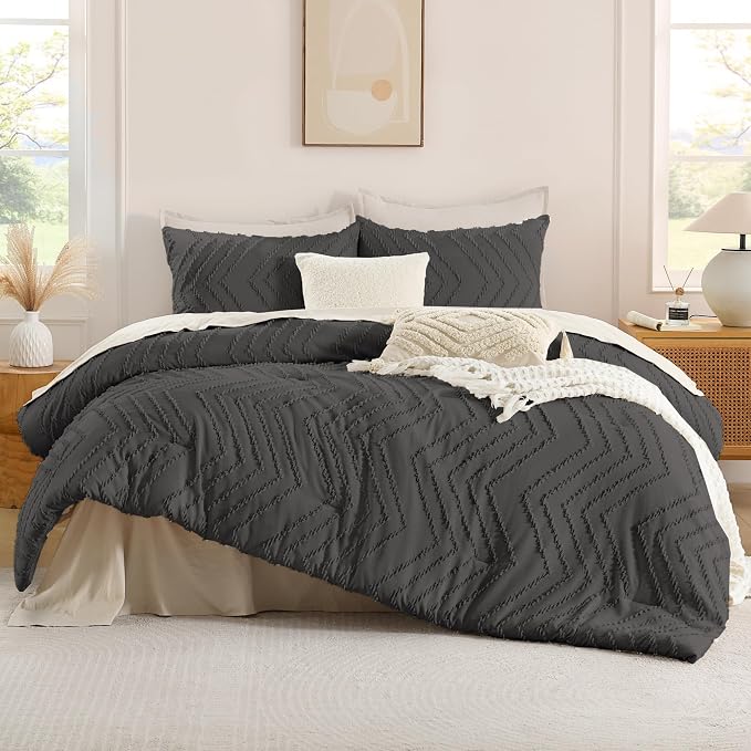 Andency Dark Grey Comforter Set King Size, Boho Soft Warm Tufted Bedding - Image 2