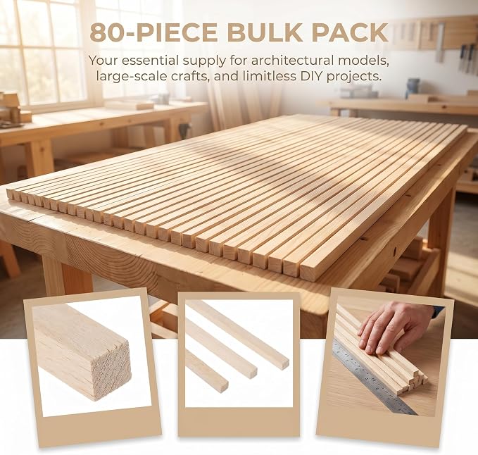 Balsa Wood Strips 80 Pcs, 1/4 x 1/4 x 12 Inch, Unfinished Soft Wood Sticks - Image 3