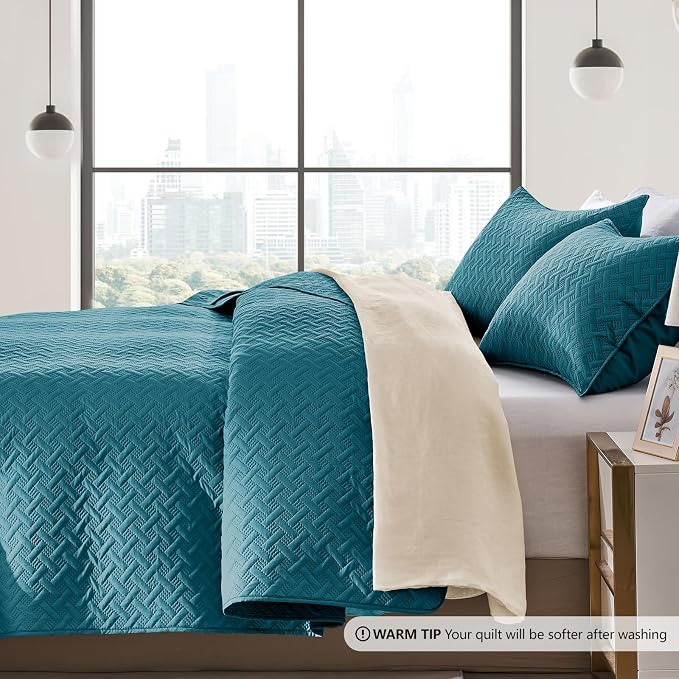 FLYMME Quilts King Size, Lightweight Teal Bedspreads, Basket Weave Pattern - Image 4