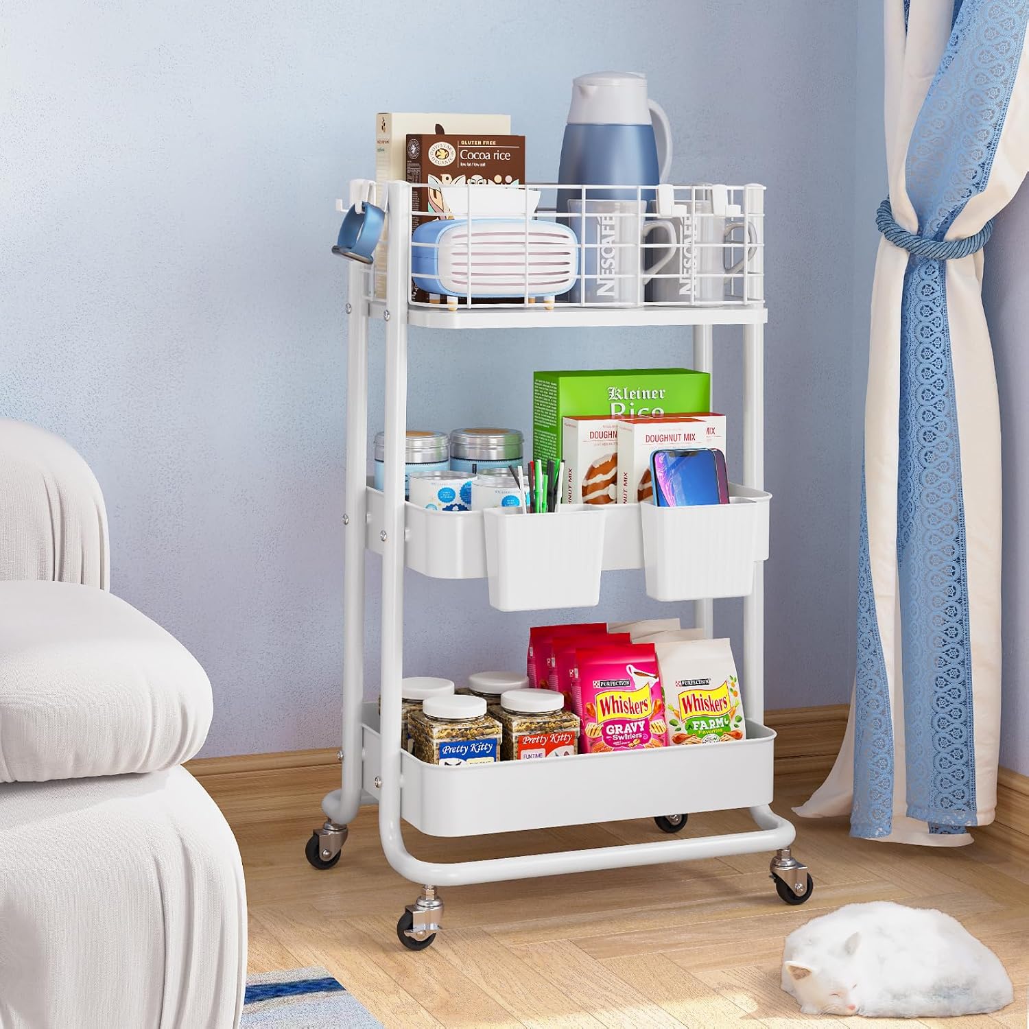 KINGRACK 3 Tier Rolling Cart, Metal Mobile Storage Shelf with Lockable Wheels, Prevent Falling Utility Trolley Cart, Storage Organizer for Kitchen, Office, Bathroom, Dorm, White