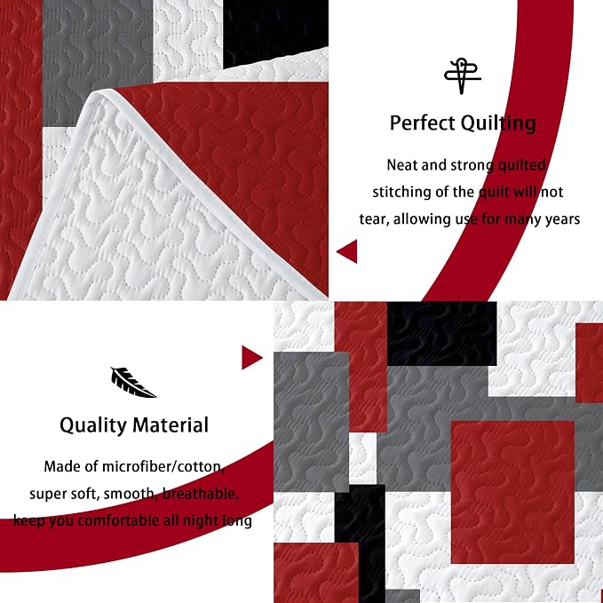 Tyrot 3 Piece Red Black Grey Quilt Set King Size Red and White Geometric - Image 4