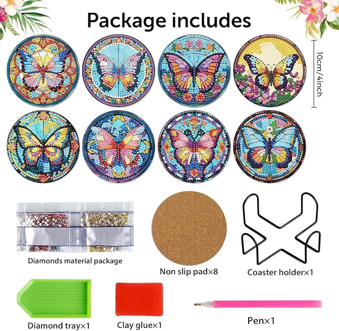 8 Pack Diamond Art Coasters, Butterfly Diamond Painting Coasters Kits | - Image 2