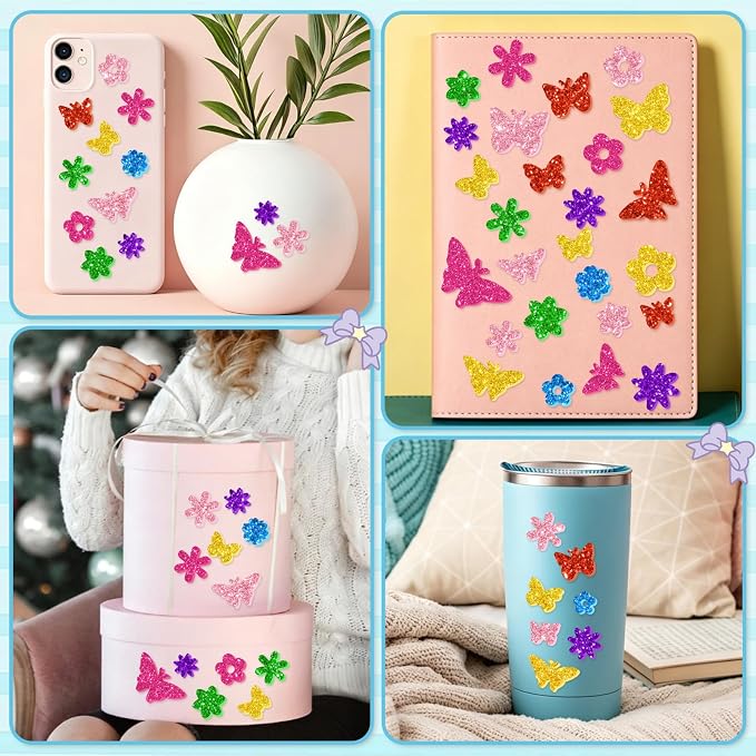 448 Pcs Glitter Foam Stickers, Butterfly & Flower Shapes Stickers, 7 Sheets - Image 4