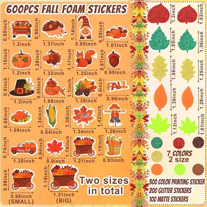 600Pcs Fall Thanksgiving Foam Sticker Glitter Maple Leaf Sticker | Autumn Decals - Image 2