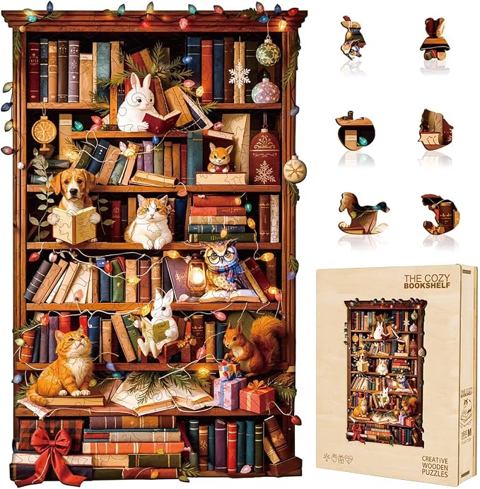Animal Cozy Bookshelf Puzzles Adults Gifts Wooden 80 Pieces 8.5 * 5.3in by Jollitot