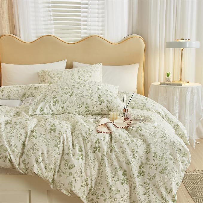 mixinni 3pcs Girls Boho Green Floral Duvet Cover Set King Size Cotton Soft - Image 3
