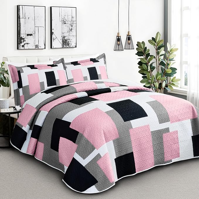 Tyrot 3 Piece Pink Grey Quilt Set Full/Queen Size Pink Gray White Geometric - Image 2