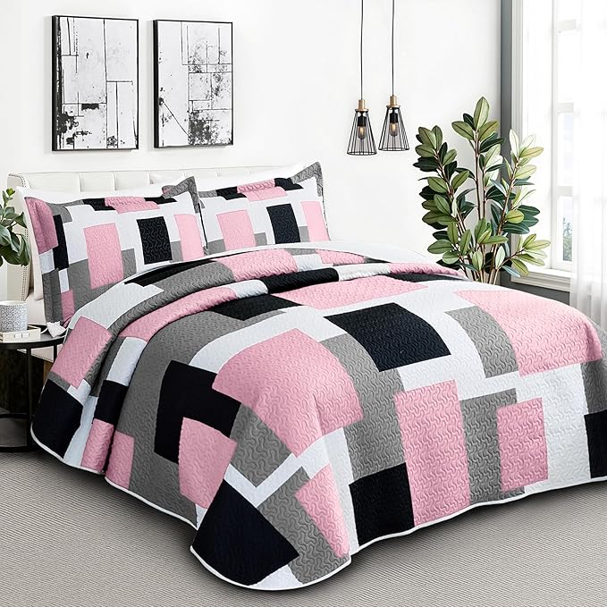 Tyrot 2 Piece Pink Grey Quilt Set Twin Size Pink Gray White Geometric - Image 2