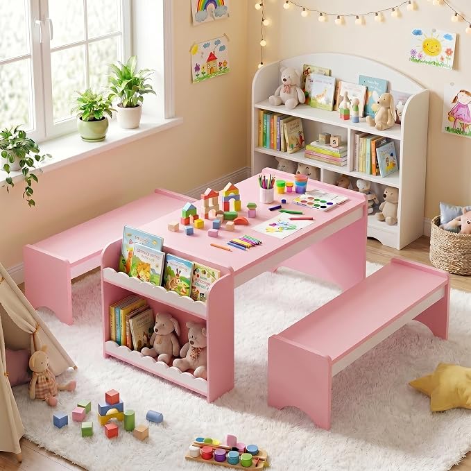Kids Table and Bench Set, Montessori Kids Table and Chair Set, Indoor Wooden - Image 3